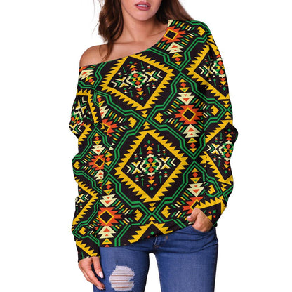 Kente Green Design African Print Off Shoulder Sweatshirt