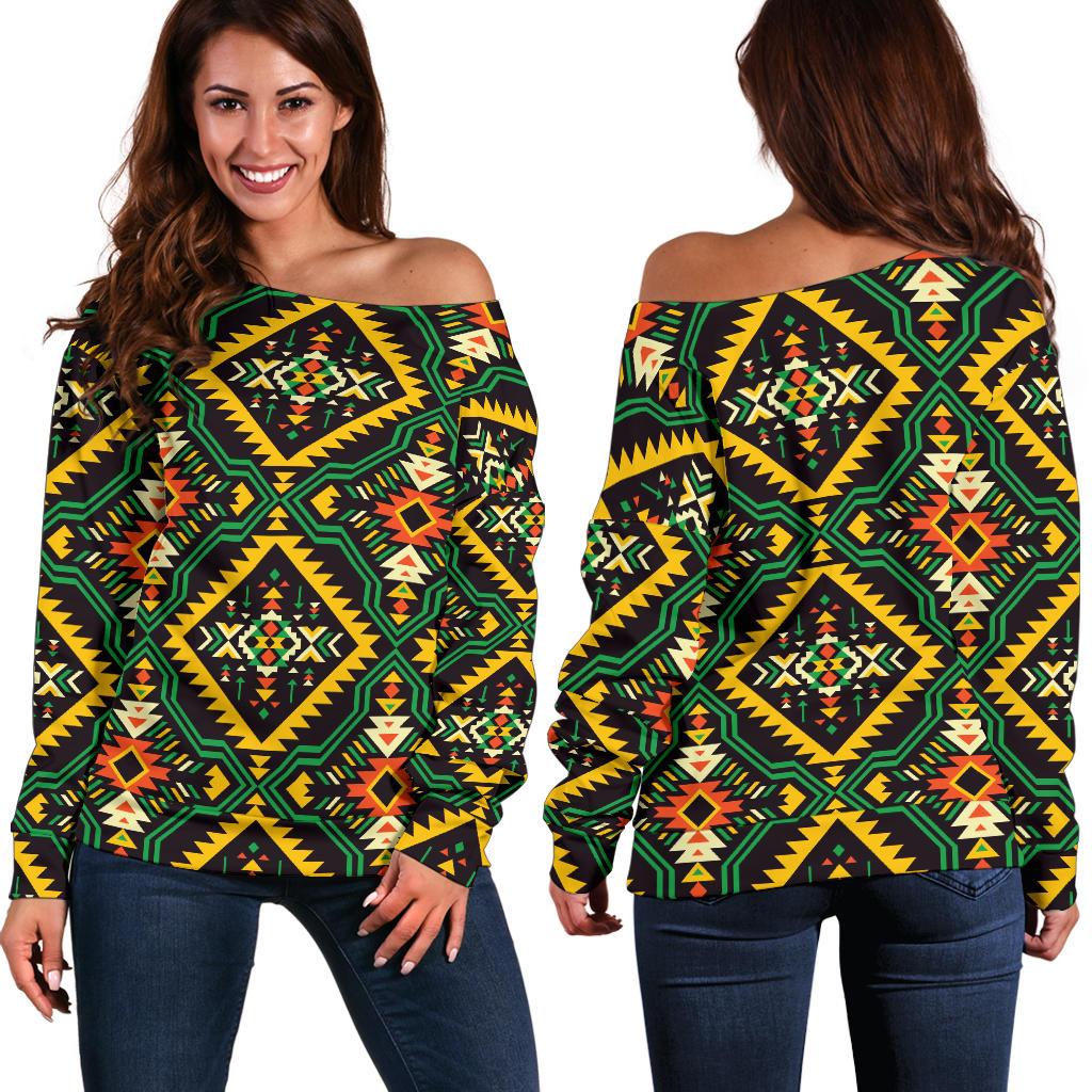 Kente Green Design African Print Off Shoulder Sweatshirt