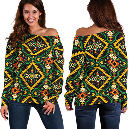 Kente Green Design African Print Off Shoulder Sweatshirt