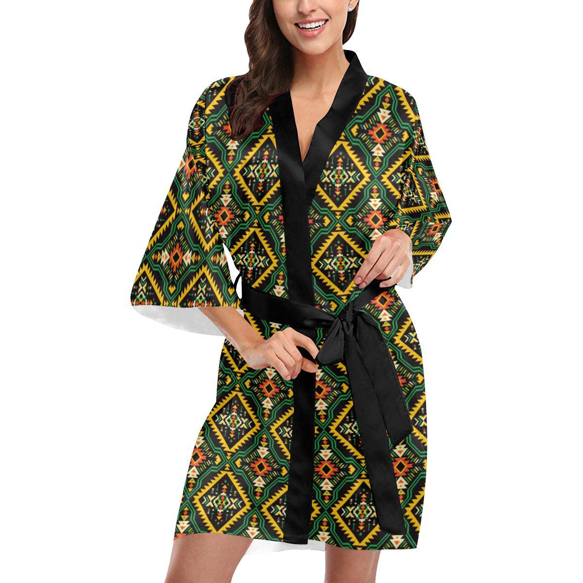 Kente Green Design African Print Women Short Kimono Robe
