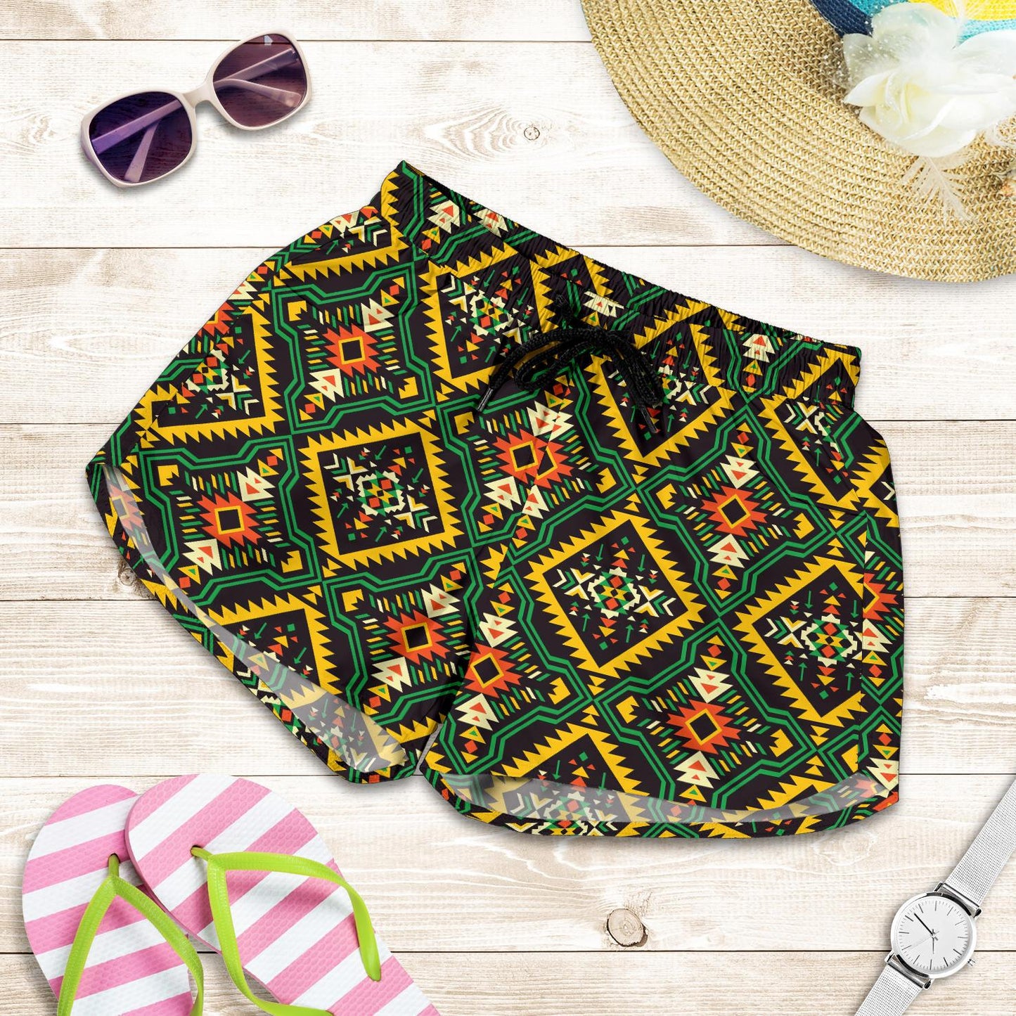 Kente Green Design African Print Women Shorts-JTAMIGO.COM