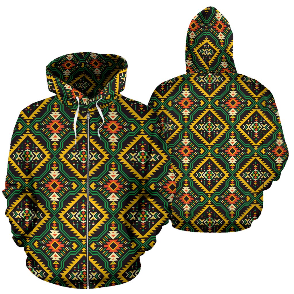 Kente Green Design African Print Zip Up Hoodie