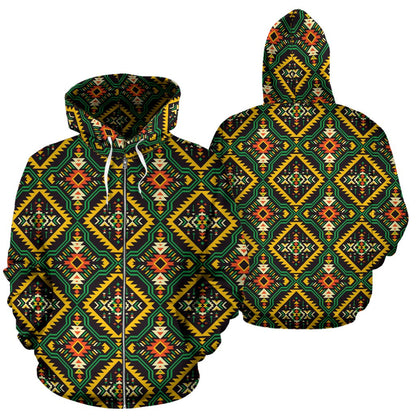 Kente Green Design African Print Zip Up Hoodie