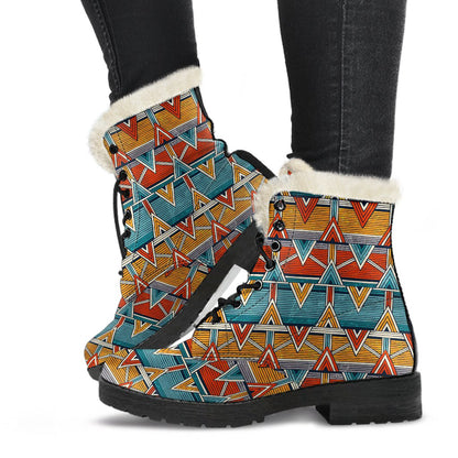 Kente Print African Design Themed Faux Fur Leather Boots-JTAMIGO.COM