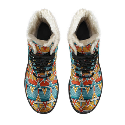 Kente Print African Design Themed Faux Fur Leather Boots-JTAMIGO.COM