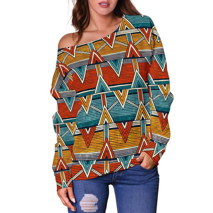 Kente Print African Design Themed Off Shoulder Sweatshirt