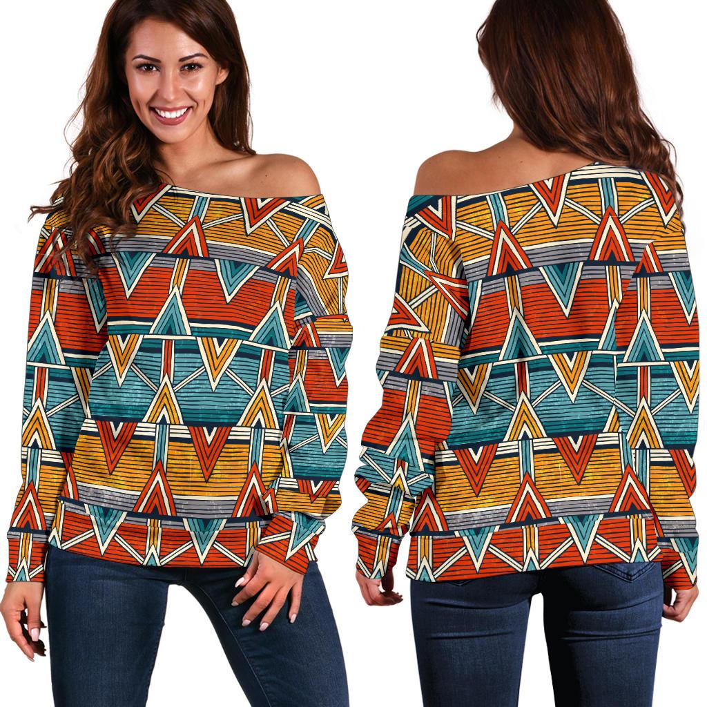 Kente Print African Design Themed Off Shoulder Sweatshirt