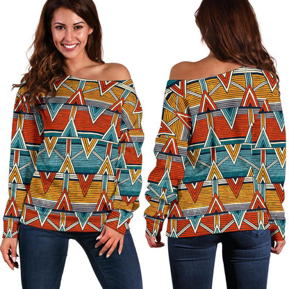 Kente Print African Design Themed Off Shoulder Sweatshirt