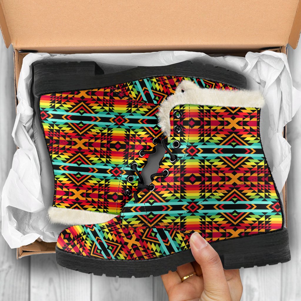 Kente Red Design African Print Faux Fur Leather Boots-JTAMIGO.COM