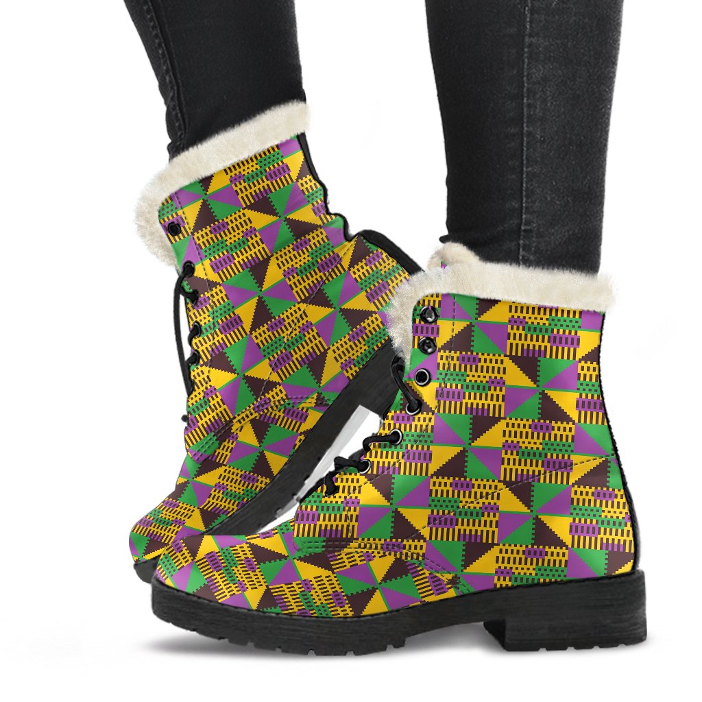 Kente Triangle Design African Print Faux Fur Leather Boots-JTAMIGO.COM