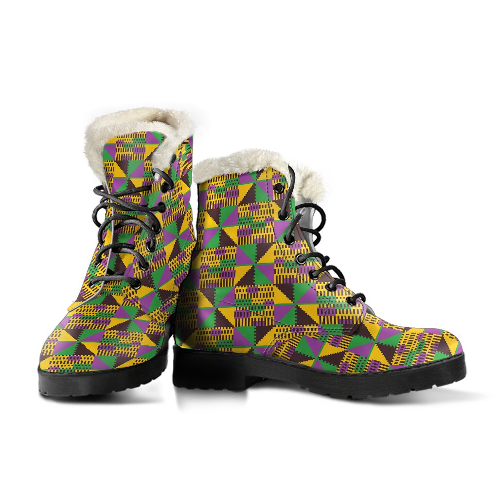 Kente Triangle Design African Print Faux Fur Leather Boots-JTAMIGO.COM