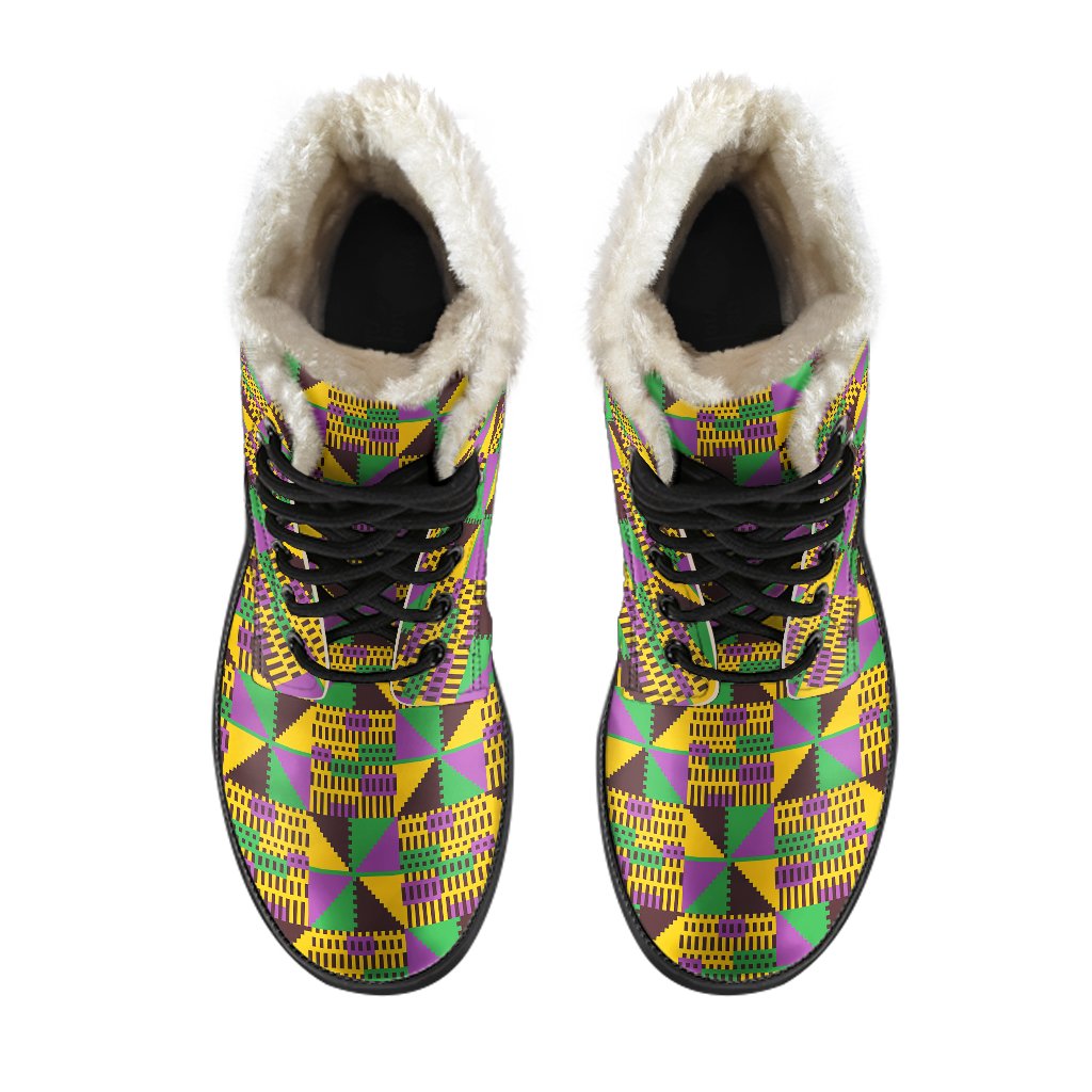 Kente Triangle Design African Print Faux Fur Leather Boots-JTAMIGO.COM