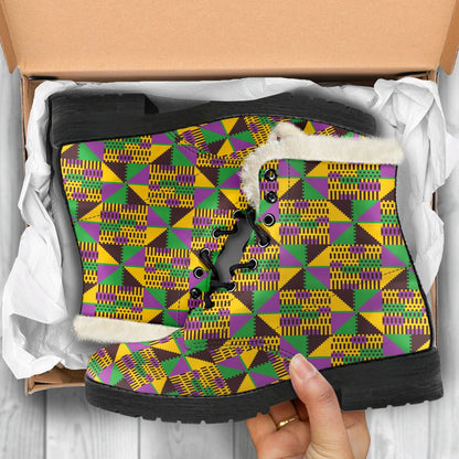 Kente Triangle Design African Print Faux Fur Leather Boots-JTAMIGO.COM