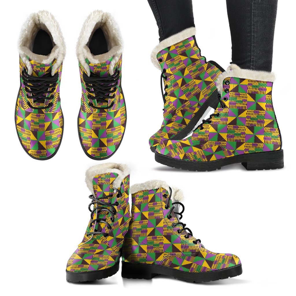 Kente Triangle Design African Print Faux Fur Leather Boots-JTAMIGO.COM