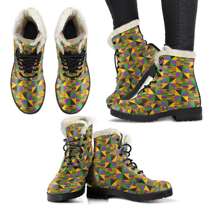 Kente Triangle Design African Print Faux Fur Leather Boots-JTAMIGO.COM