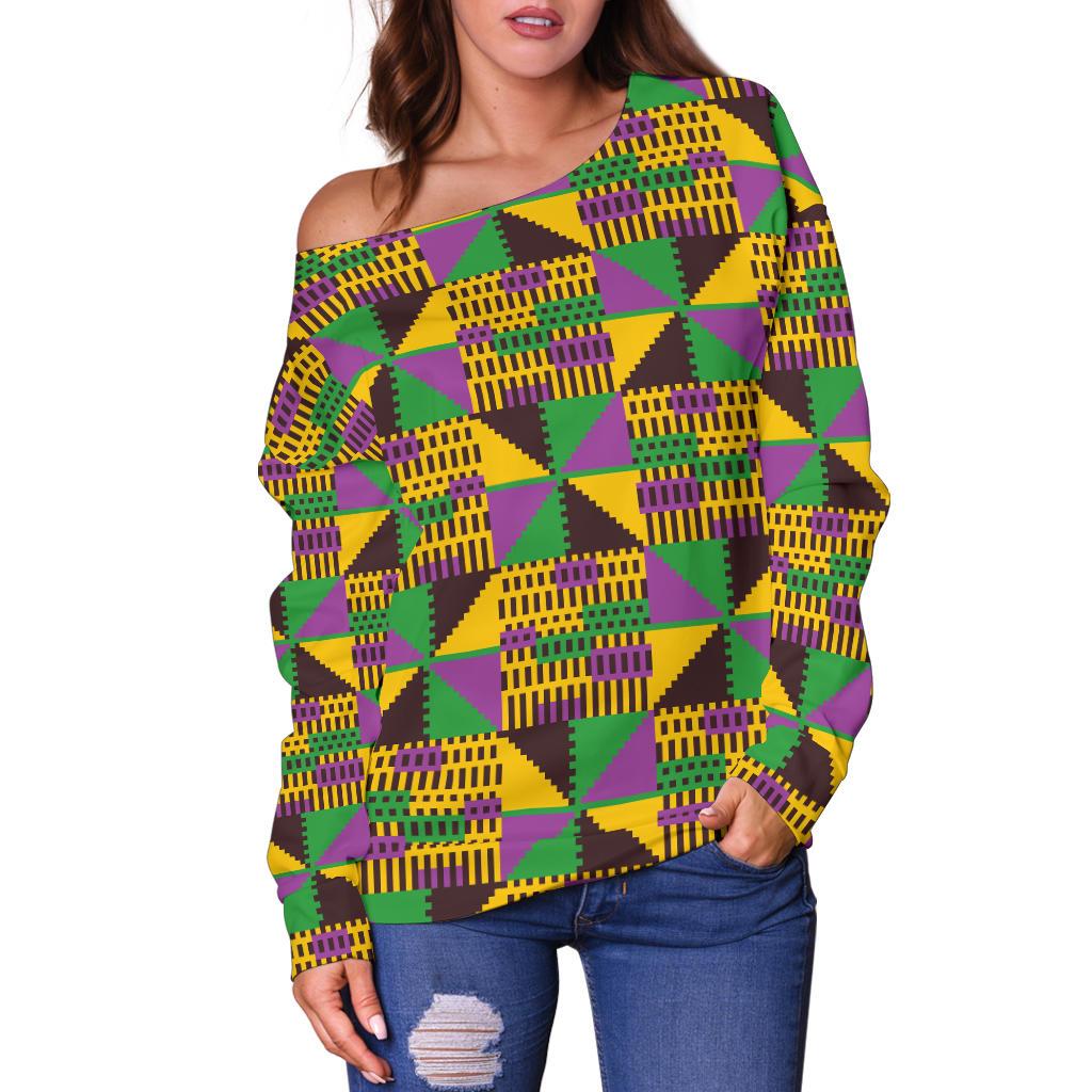 Kente Triangle Design African Print Off Shoulder Sweatshirt