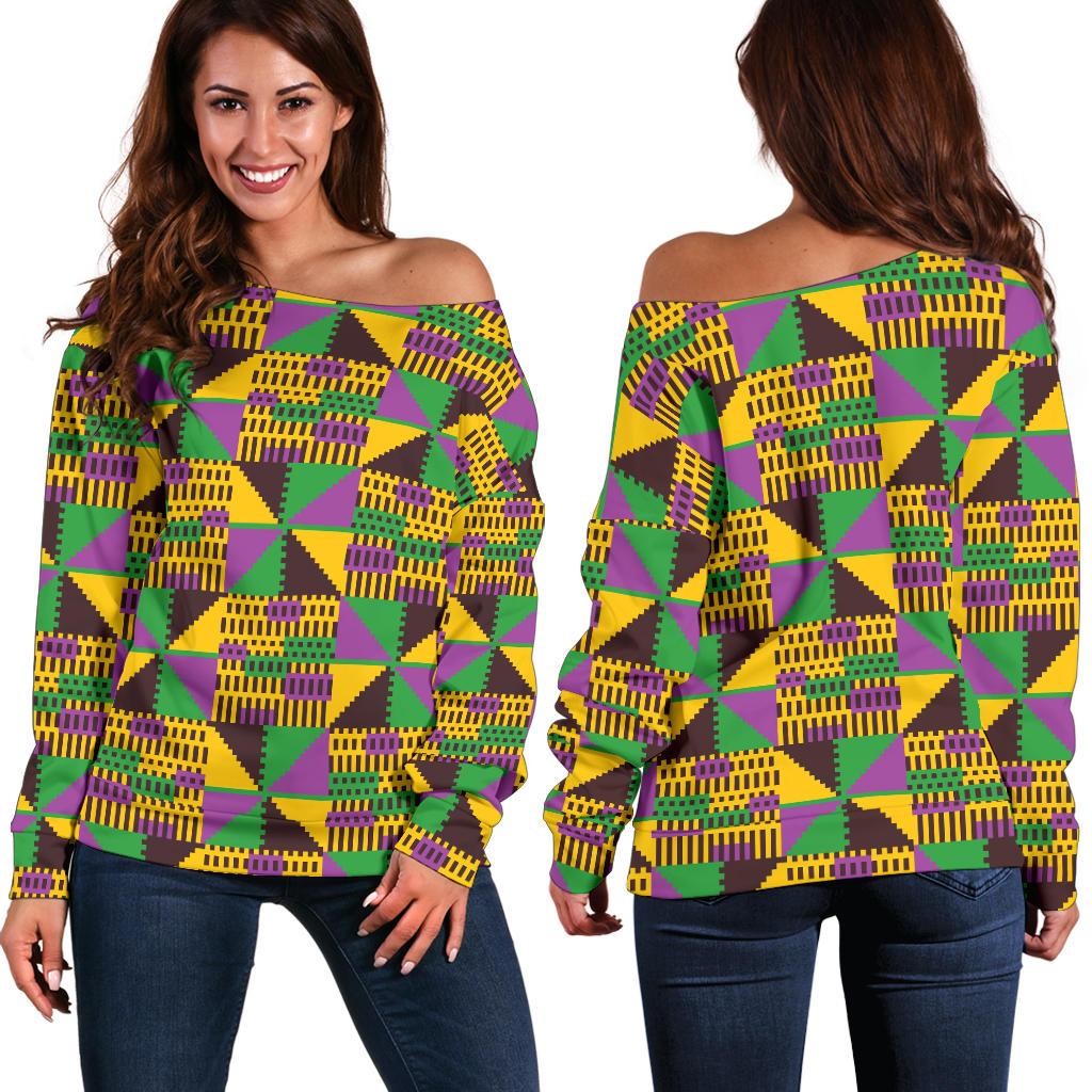 Kente Triangle Design African Print Off Shoulder Sweatshirt