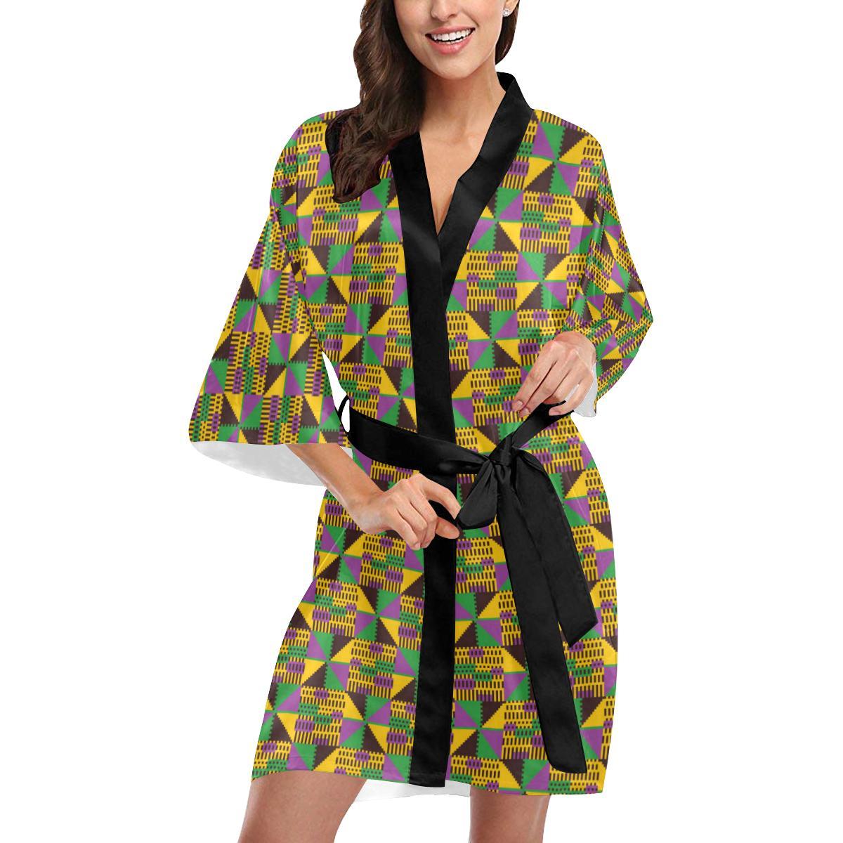 Kente Triangle Design African Print Women Short Kimono Robe