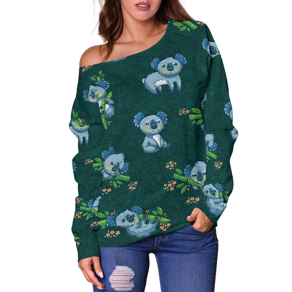 Koala Blue Design Print Off Shoulder Sweatshirt