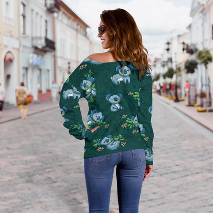 Koala Blue Design Print Off Shoulder Sweatshirt