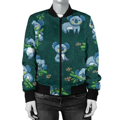 Koala Blue Design Print Women Casual Bomber Jacket