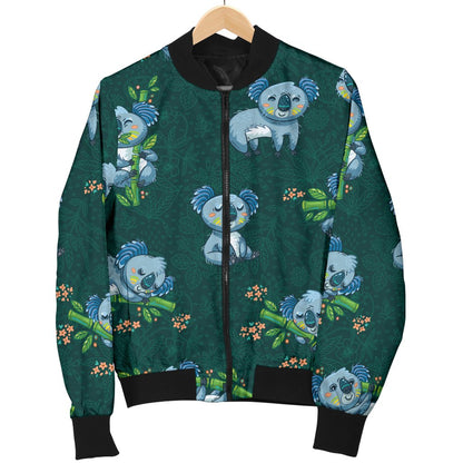 Koala Blue Design Print Women Casual Bomber Jacket