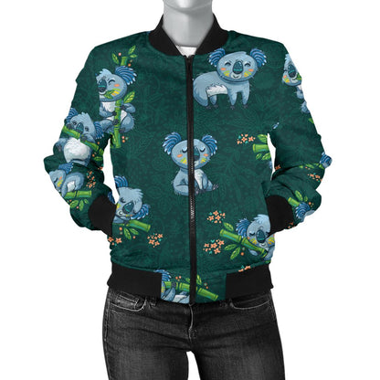 Koala Blue Design Print Women Casual Bomber Jacket