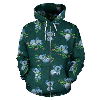 Koala Blue Design Print Zip Up Hoodie