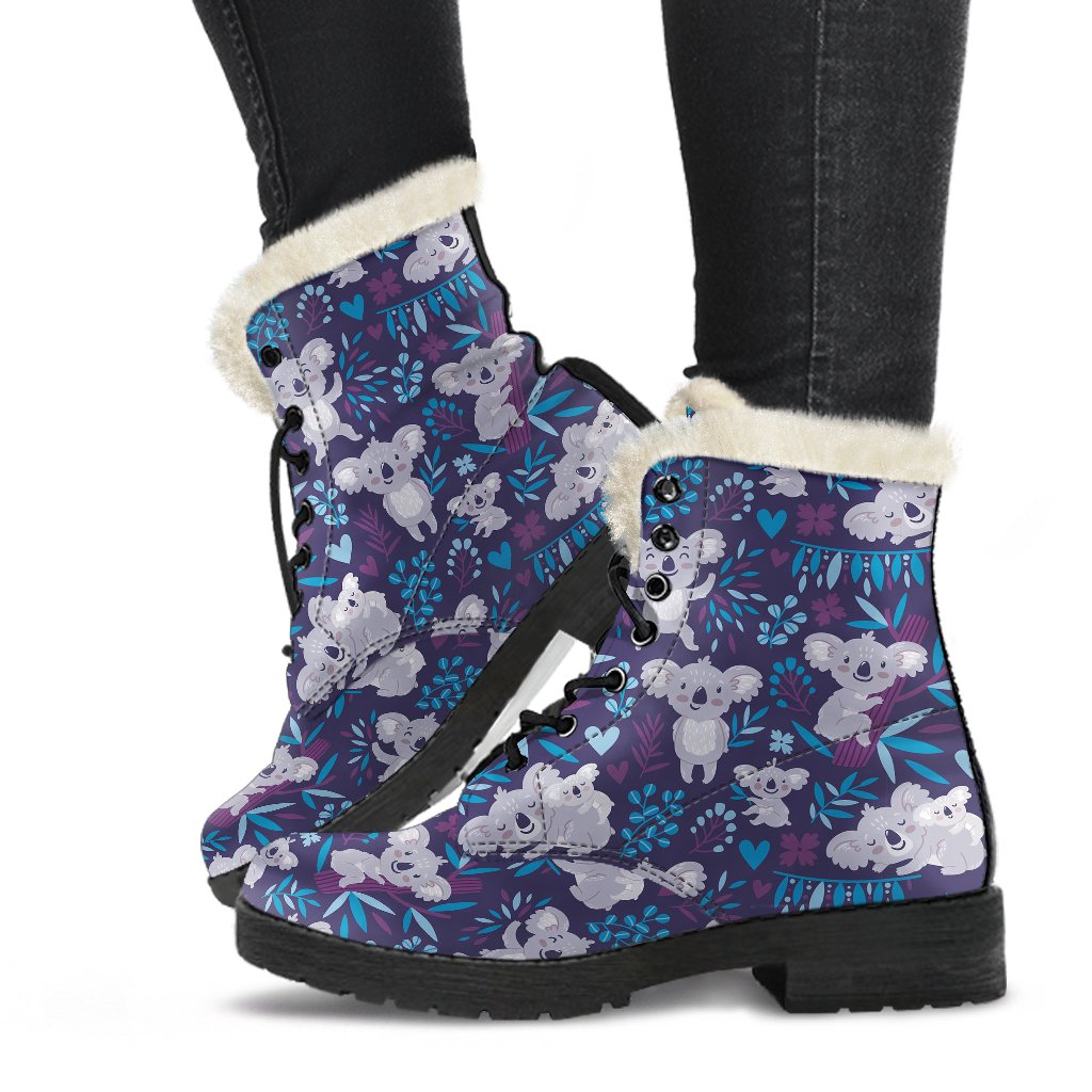 Koala Cute Themed Design Print Faux Fur Leather Boots-JTAMIGO.COM
