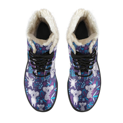 Koala Cute Themed Design Print Faux Fur Leather Boots-JTAMIGO.COM