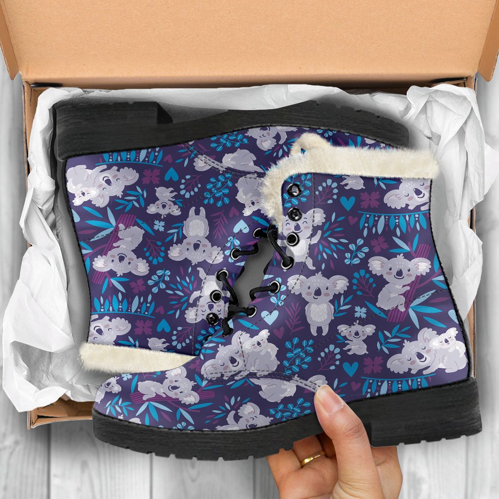 Koala Cute Themed Design Print Faux Fur Leather Boots-JTAMIGO.COM
