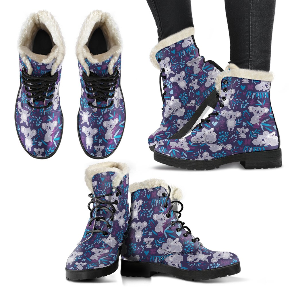 Koala Cute Themed Design Print Faux Fur Leather Boots-JTAMIGO.COM