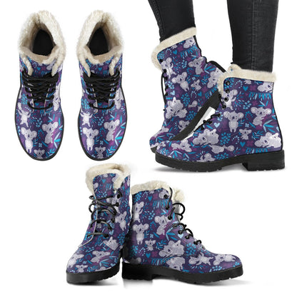 Koala Cute Themed Design Print Faux Fur Leather Boots-JTAMIGO.COM
