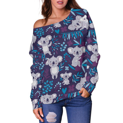 Koala Cute Themed Design Print Off Shoulder Sweatshirt