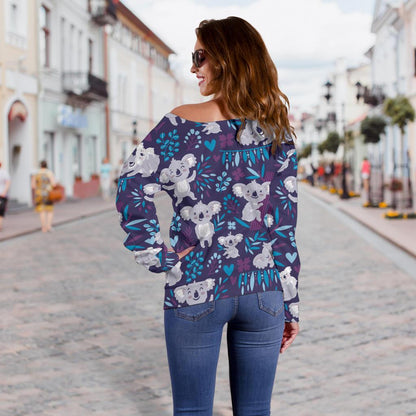 Koala Cute Themed Design Print Off Shoulder Sweatshirt