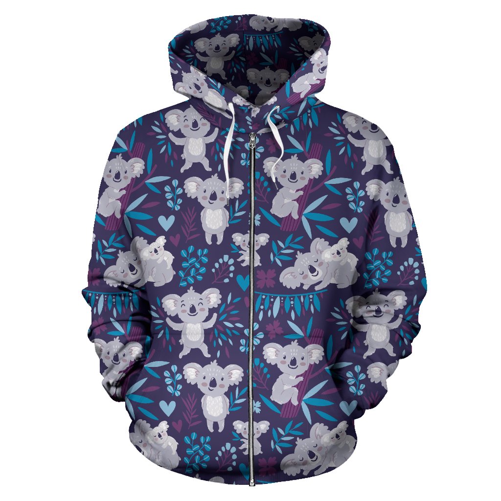 Koala Cute Themed Design Print Zip Up Hoodie