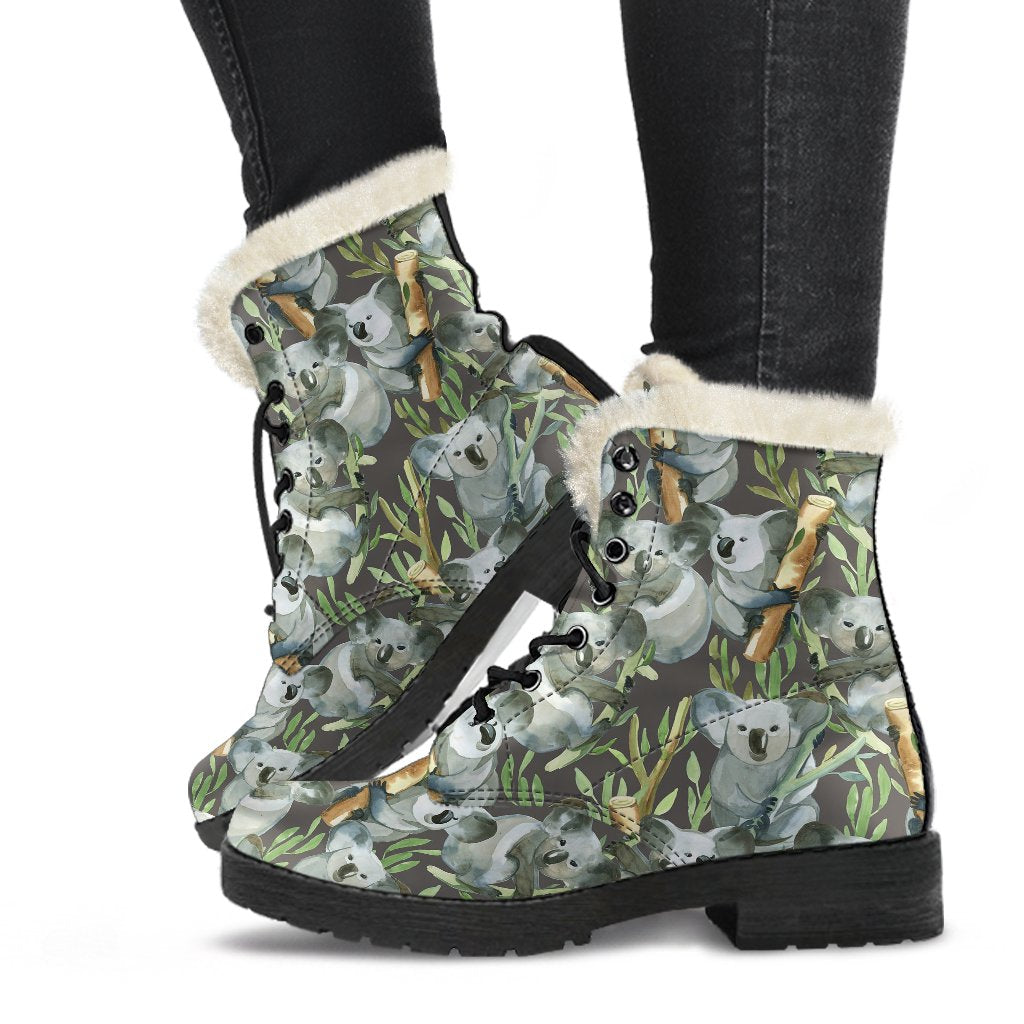 Koala Pattern Design Print Faux Fur Leather Boots-JTAMIGO.COM
