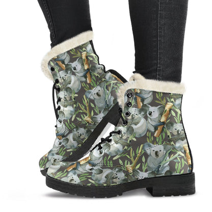 Koala Pattern Design Print Faux Fur Leather Boots-JTAMIGO.COM