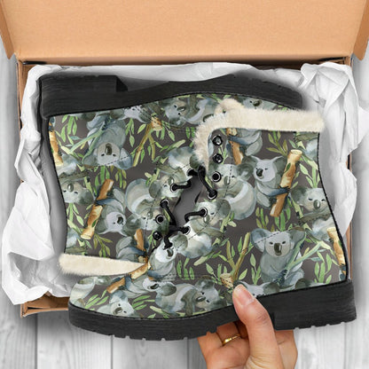 Koala Pattern Design Print Faux Fur Leather Boots-JTAMIGO.COM