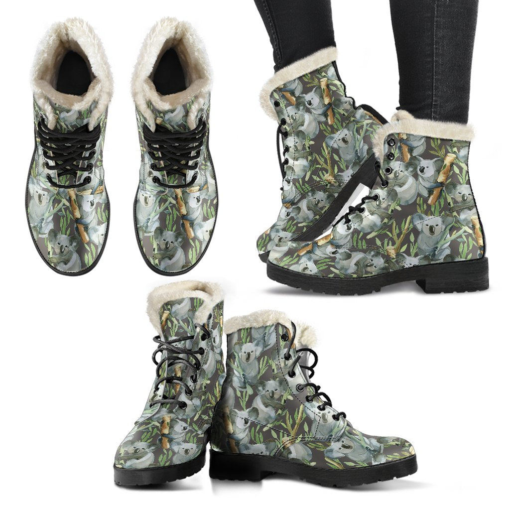 Koala Pattern Design Print Faux Fur Leather Boots-JTAMIGO.COM