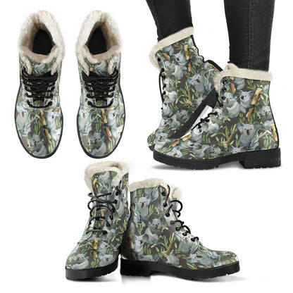 Koala Pattern Design Print Faux Fur Leather Boots-JTAMIGO.COM