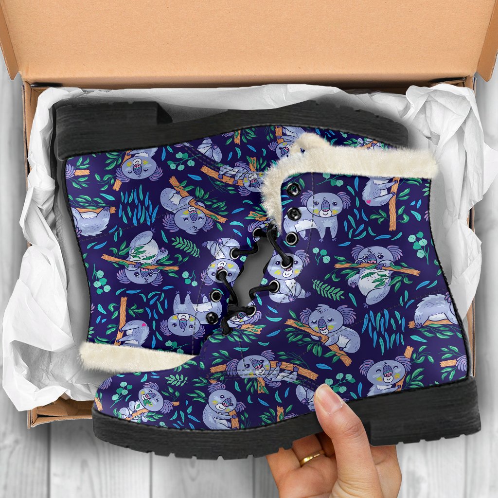 Koala Themed Design Print Faux Fur Leather Boots-JTAMIGO.COM