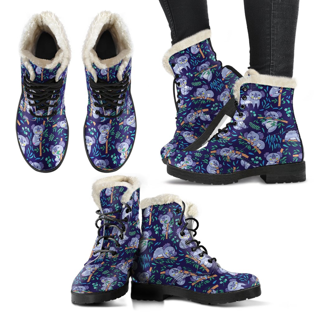 Koala Themed Design Print Faux Fur Leather Boots-JTAMIGO.COM
