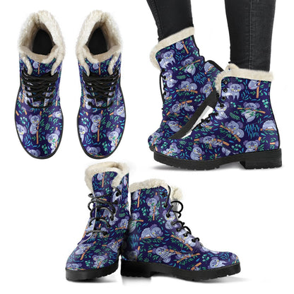 Koala Themed Design Print Faux Fur Leather Boots-JTAMIGO.COM