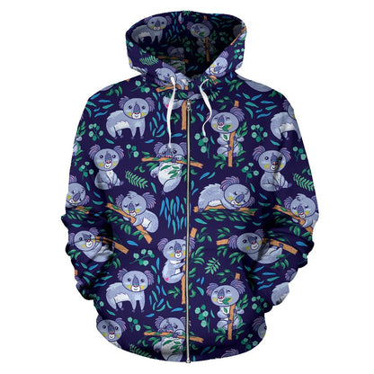 Koala Themed Design Print Zip Up Hoodie