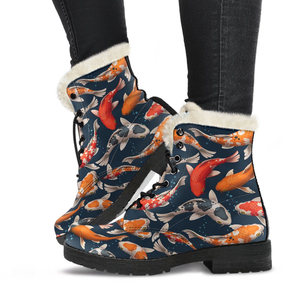 Koi Carp Cute Design Themed Print Faux Fur Leather Boots-JTAMIGO.COM