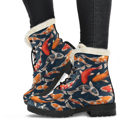 Koi Carp Cute Design Themed Print Faux Fur Leather Boots-JTAMIGO.COM