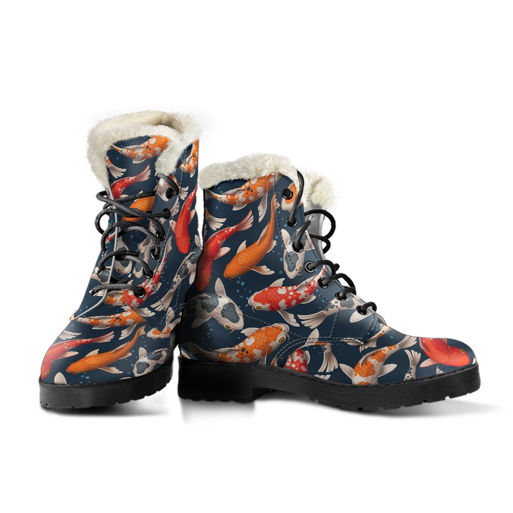 Koi Carp Cute Design Themed Print Faux Fur Leather Boots-JTAMIGO.COM