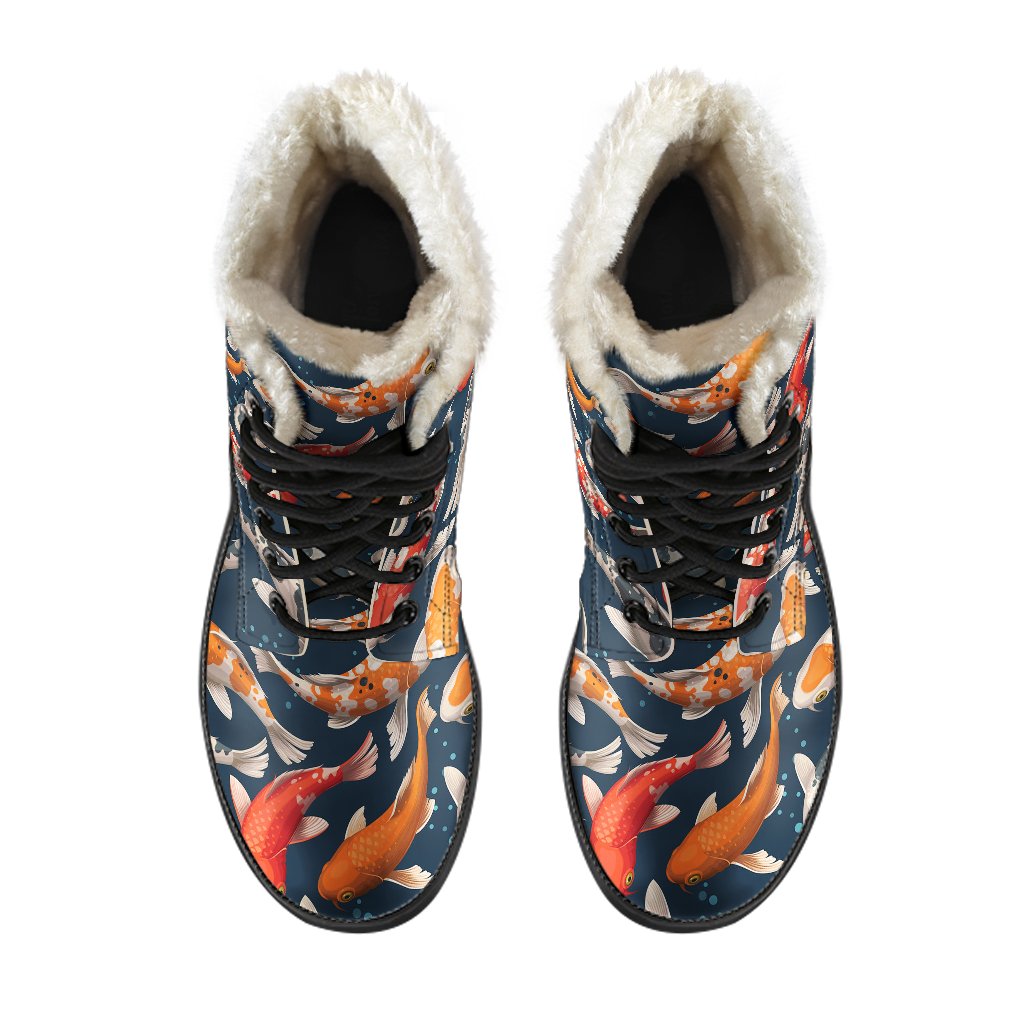 Koi Carp Cute Design Themed Print Faux Fur Leather Boots-JTAMIGO.COM