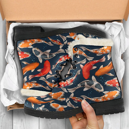 Koi Carp Cute Design Themed Print Faux Fur Leather Boots-JTAMIGO.COM